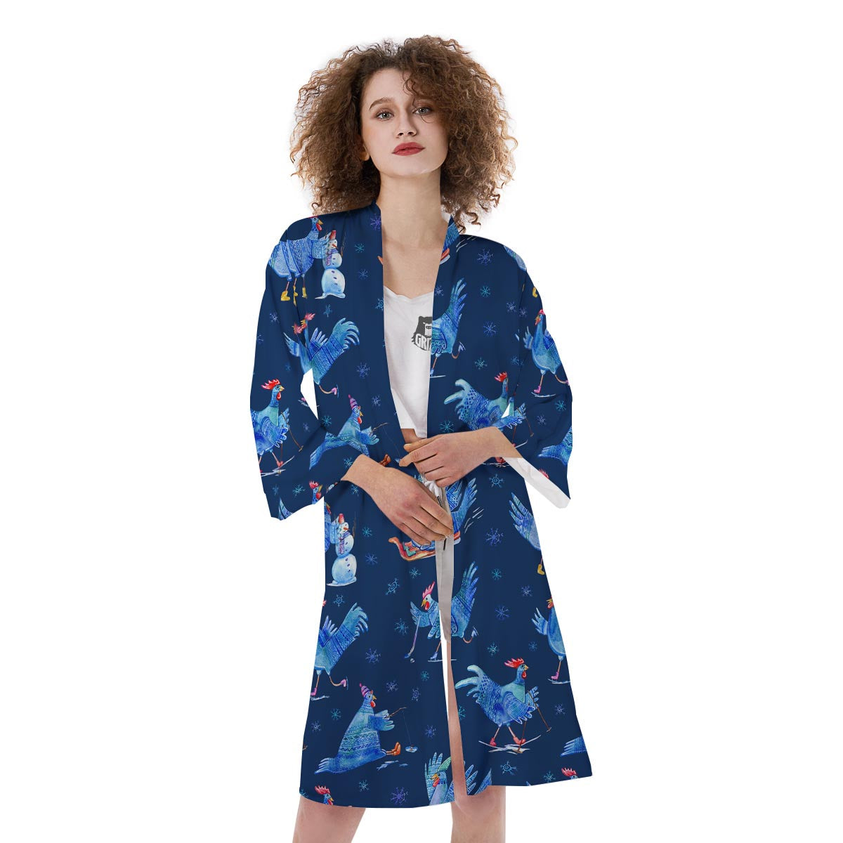 Snowflake And Rooster Print Pattern Kimono-grizzshop