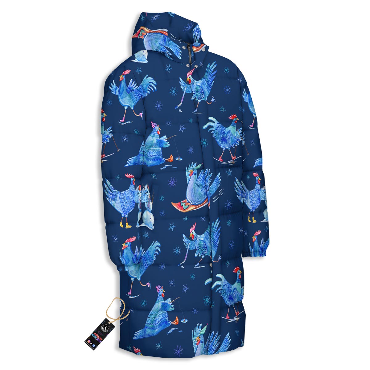 Snowflake And Rooster Print Pattern Long Down Jacket-grizzshop
