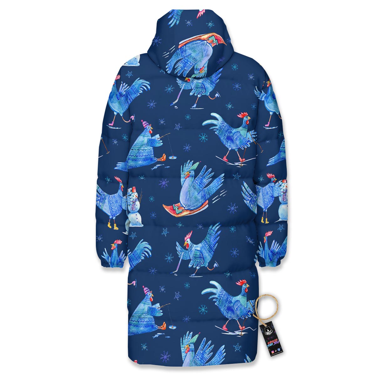 Snowflake And Rooster Print Pattern Long Down Jacket-grizzshop