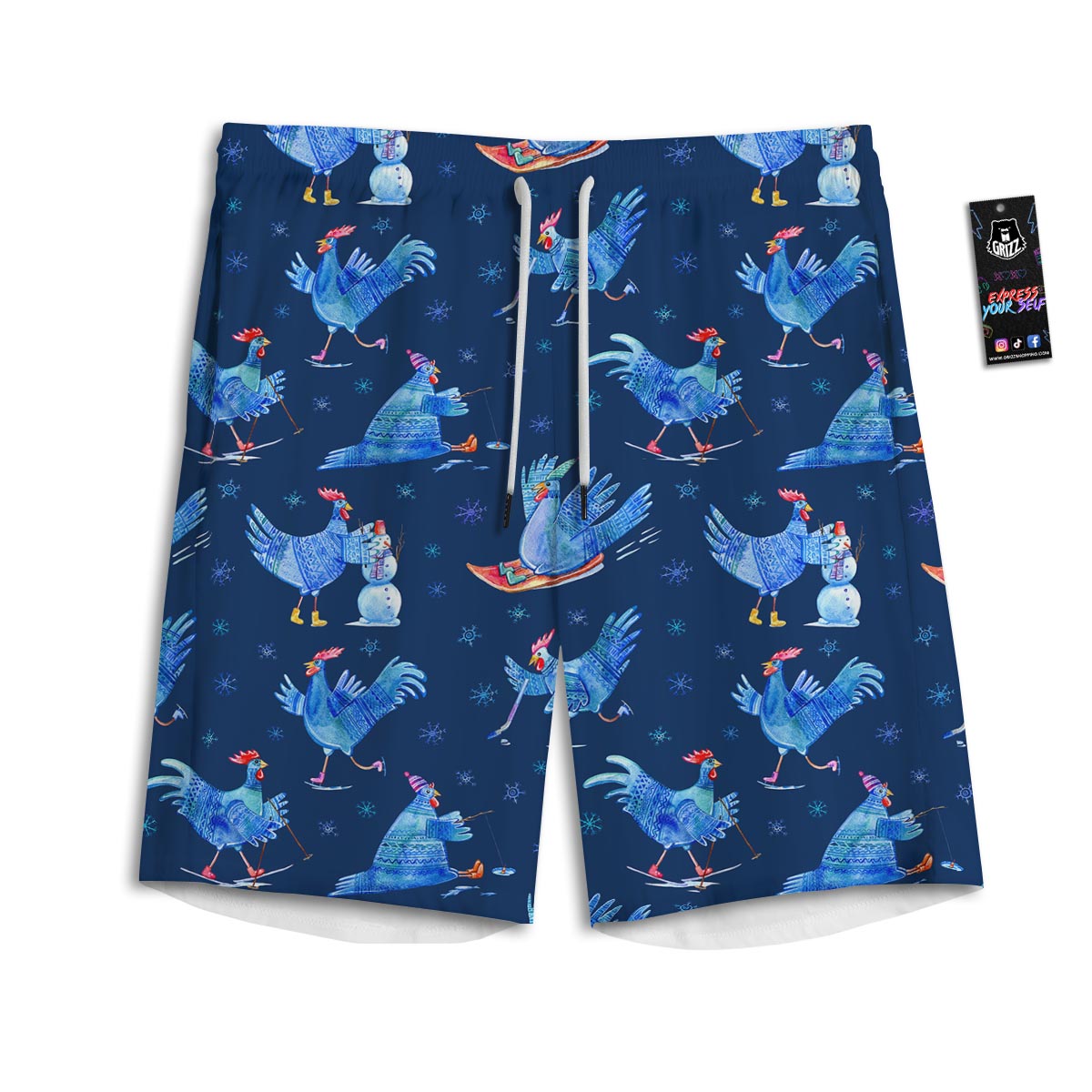 Snowflake And Rooster Print Pattern Men's Athletic Shorts