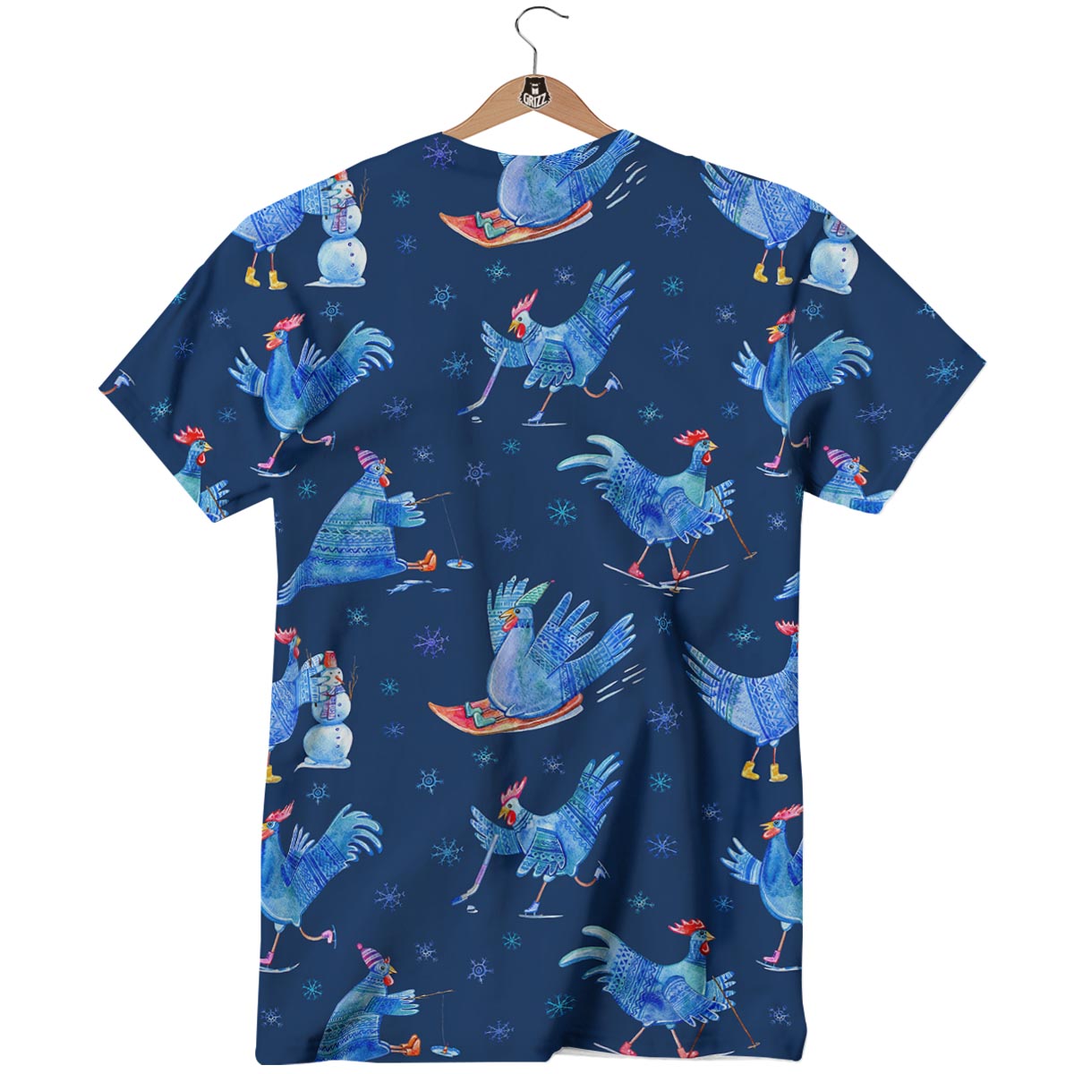 Snowflake And Rooster Print Pattern T-Shirt-grizzshop