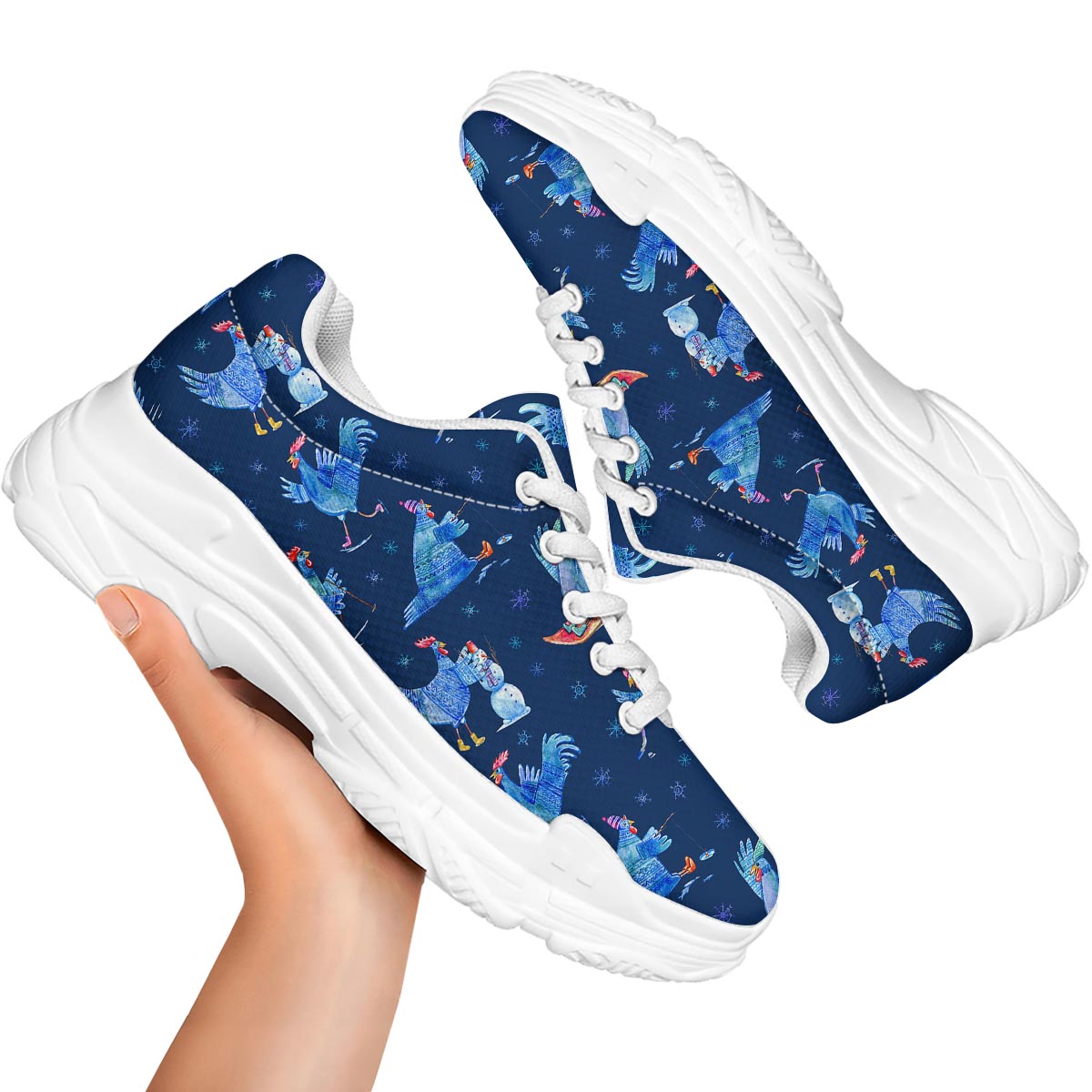 Snowflake And Rooster Print Pattern White Chunky Shoes-grizzshop