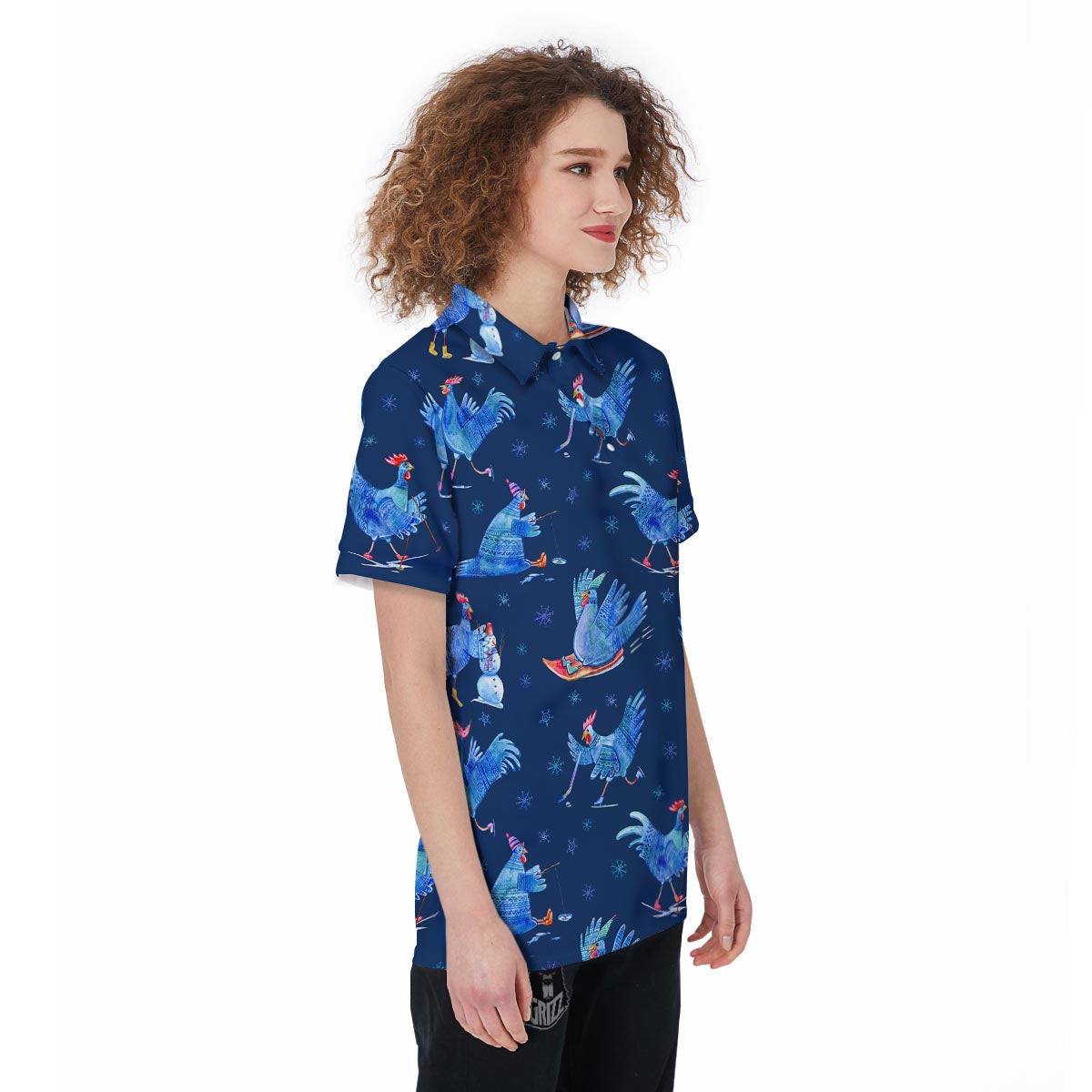Snowflake And Rooster Print Pattern Women's Golf Shirts-grizzshop