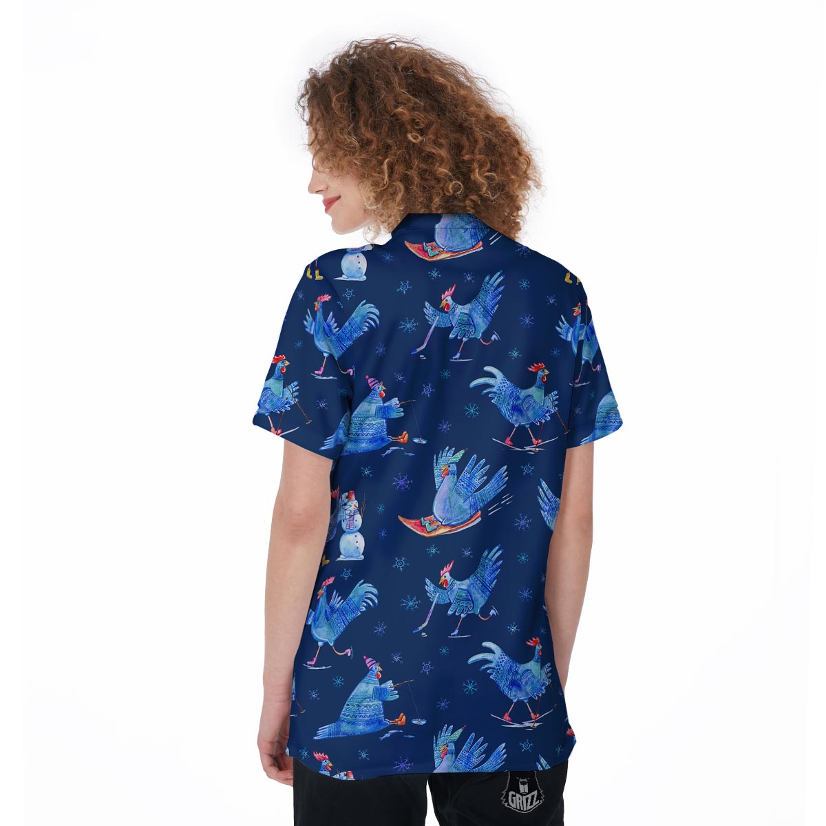 Snowflake And Rooster Print Pattern Women's Golf Shirts-grizzshop