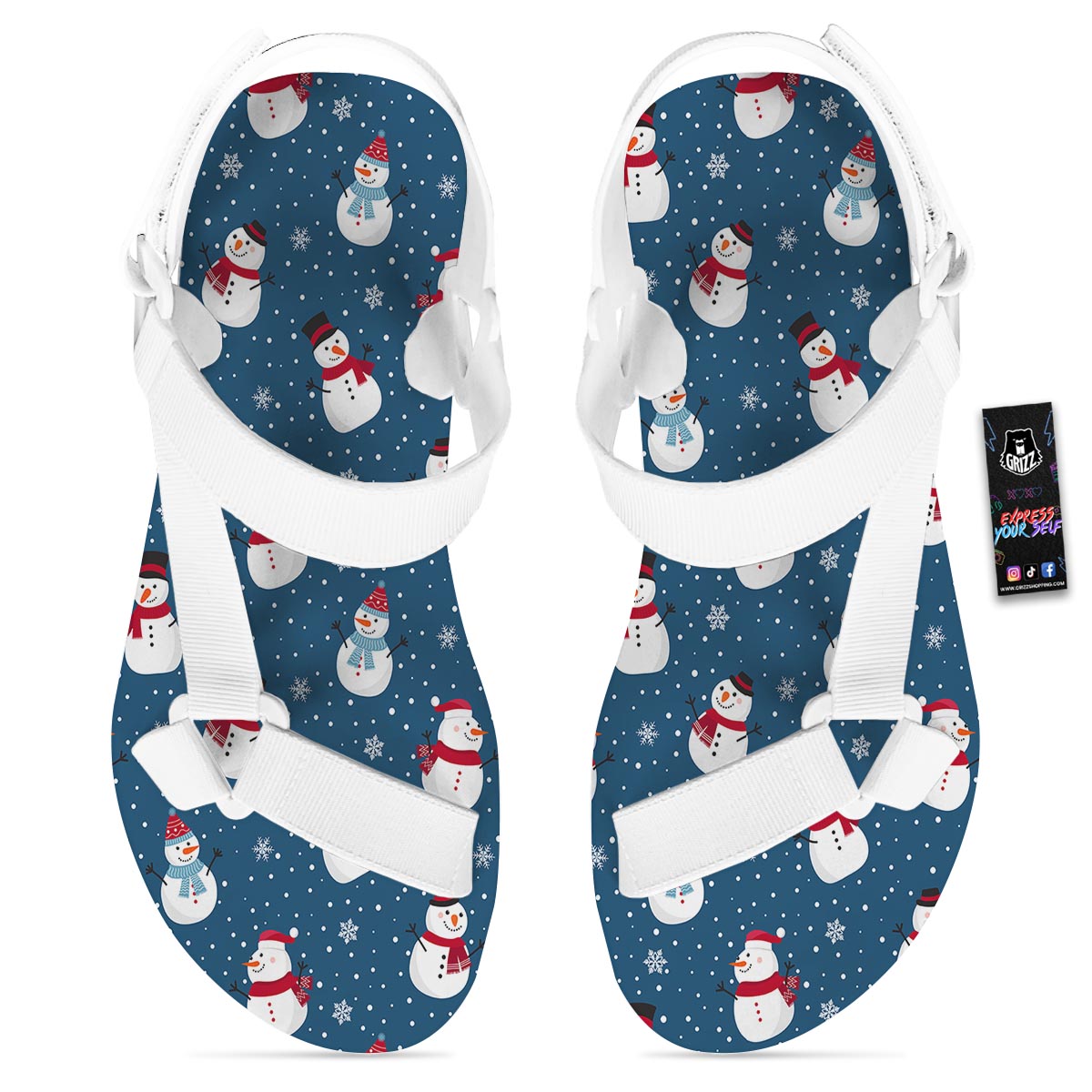 Snowflake And Snowman Print Pattern White Open Toe Sandals-grizzshop