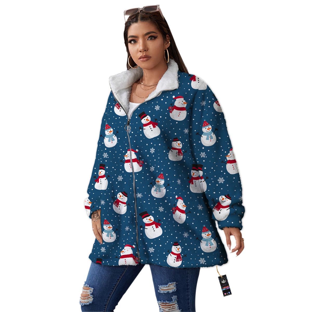Snowflake And Snowman Print Pattern Women's Sherpa Jacket-grizzshop