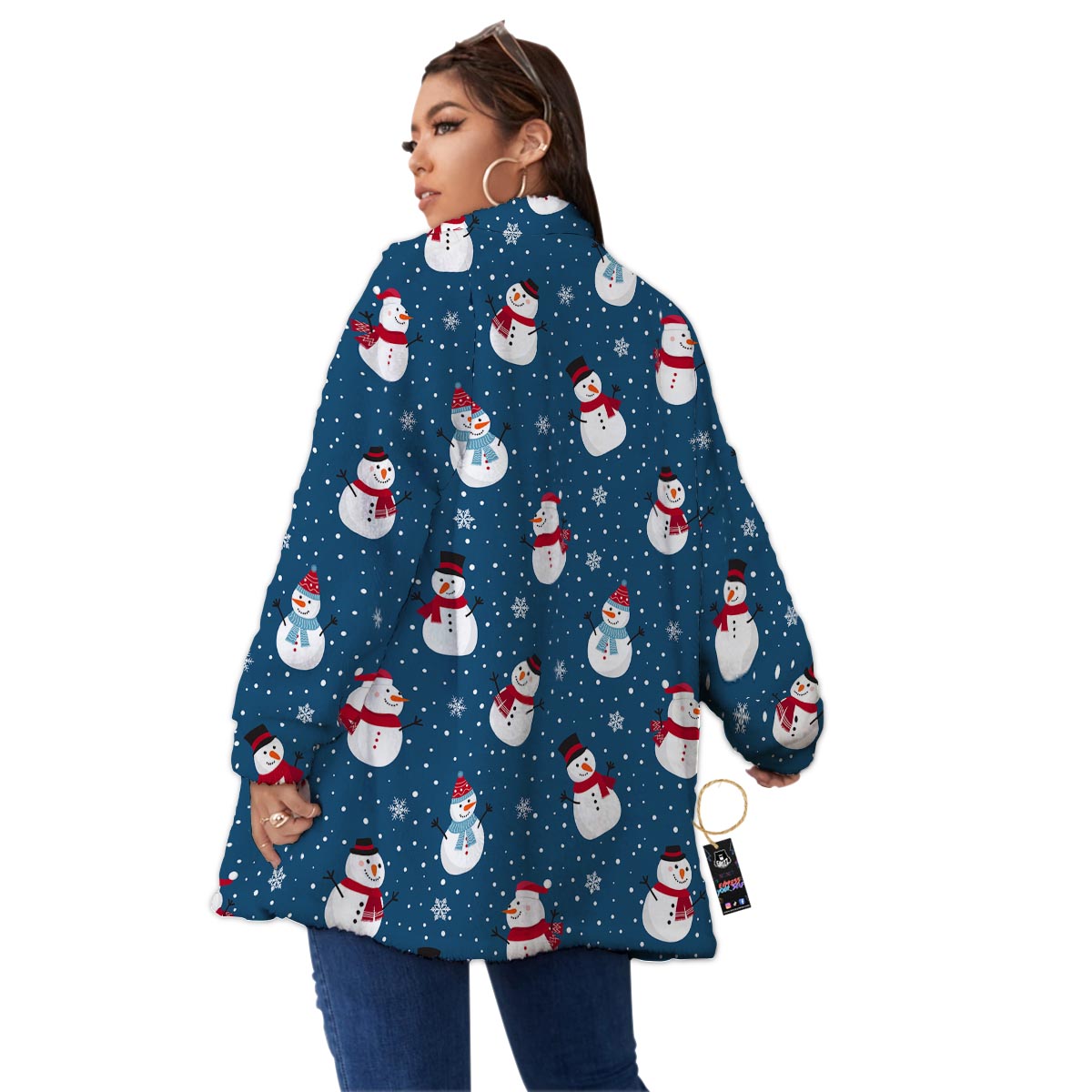 Snowflake And Snowman Print Pattern Women's Sherpa Jacket-grizzshop