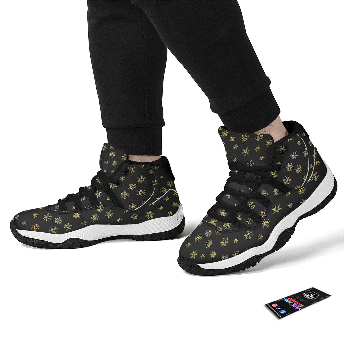 Snowflake Gold And Black Print Pattern Black Bball Shoes-grizzshop