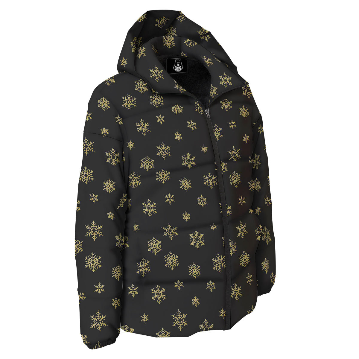 Snowflake Gold And Black Print Pattern Down Jacket-grizzshop