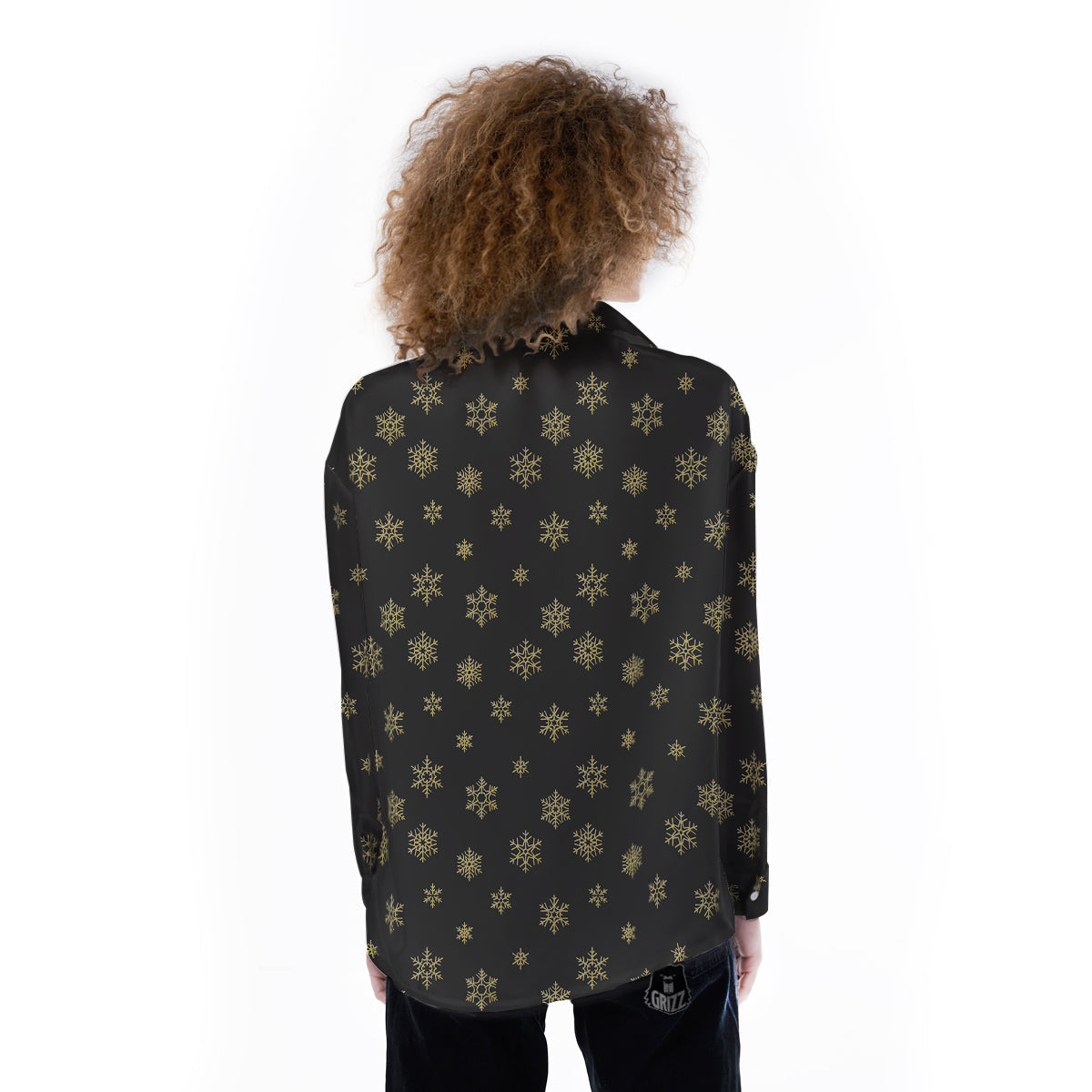 Snowflake Gold And Black Print Pattern Women's Long Sleeve Shirts-grizzshop