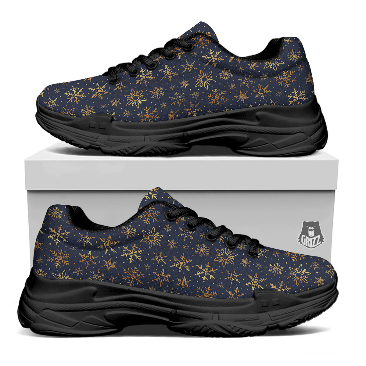 Snowflake Golden Print Black Chunky Shoes-grizzshop