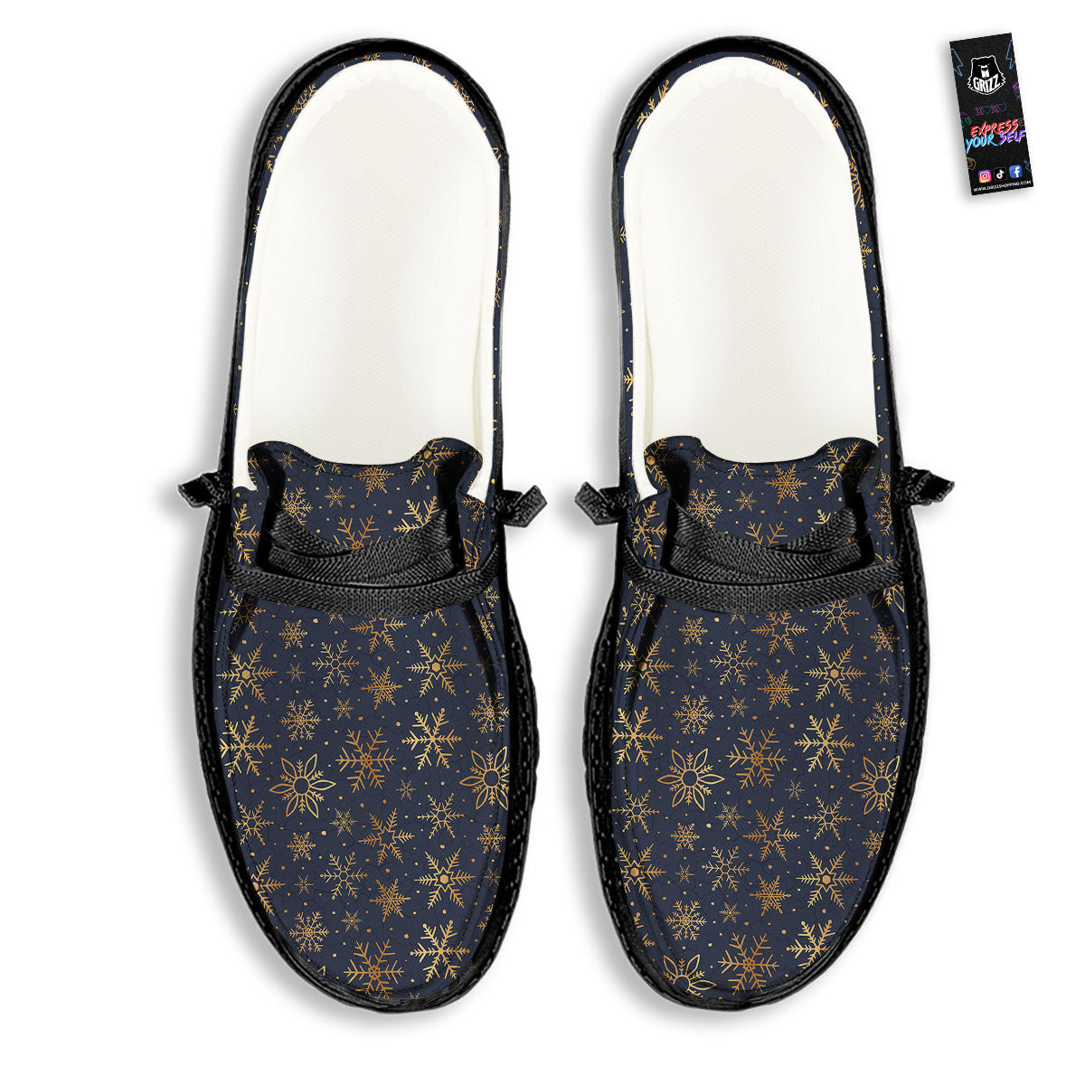 Snowflake Golden Print Black Loafers-grizzshop