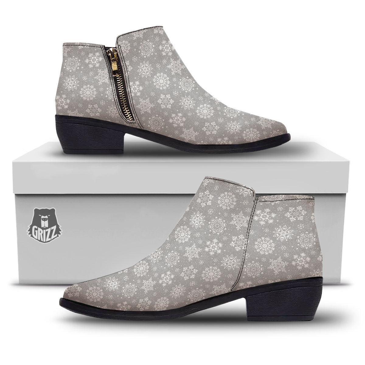 Snowflake Grey And White Print Pattern Ankle Boots-grizzshop