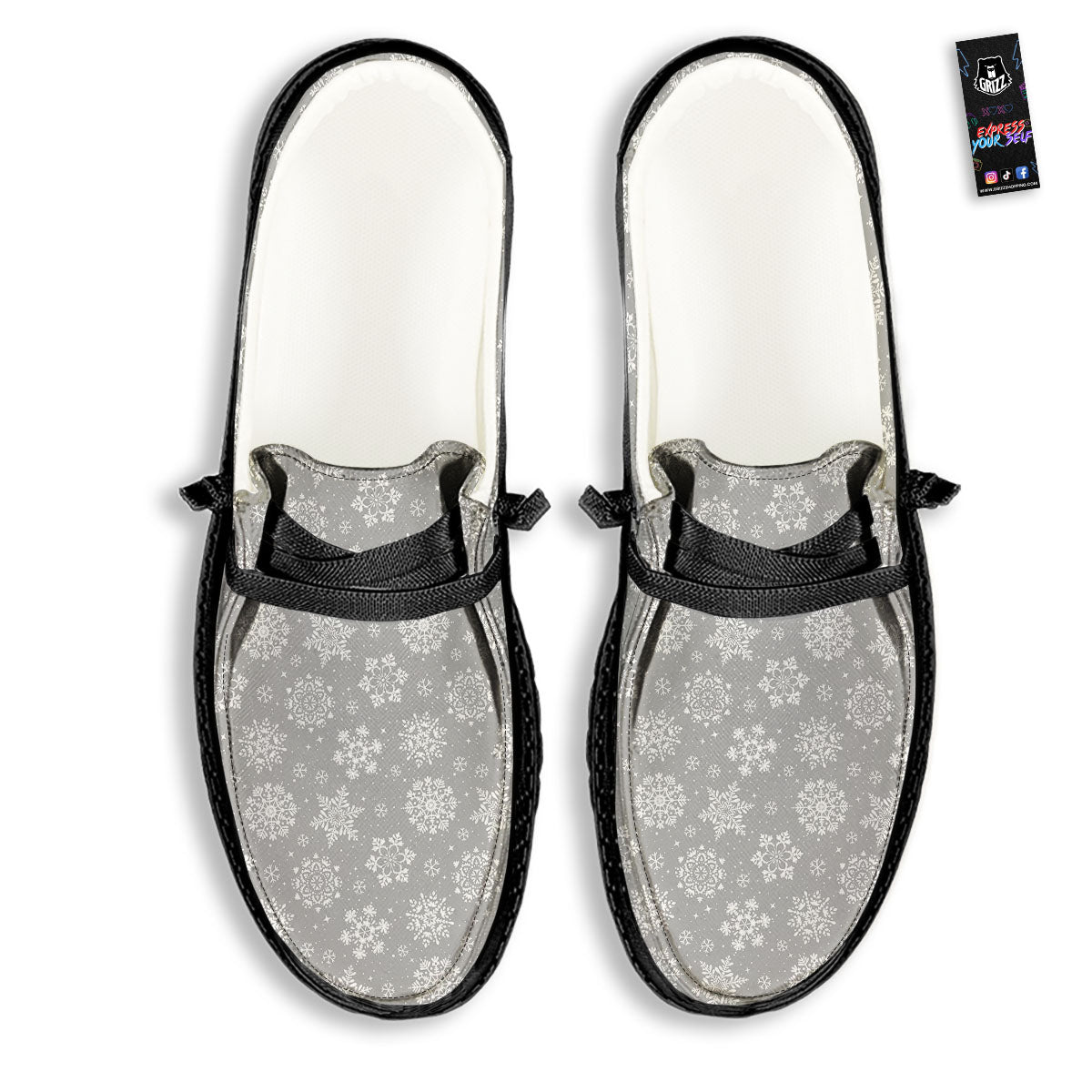 Snowflake Grey And White Print Pattern Black Loafers-grizzshop