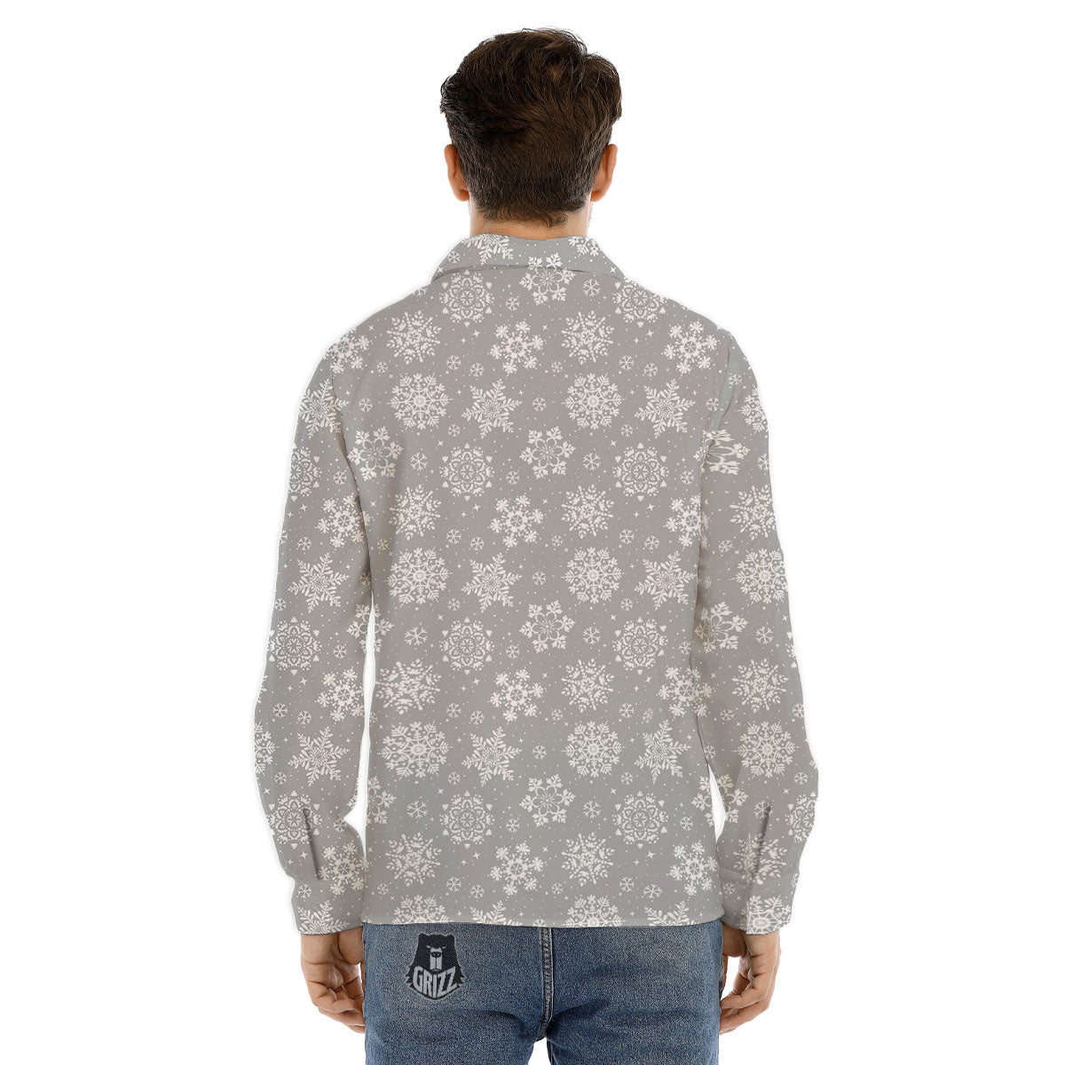 Snowflake Grey And White Print Pattern Men's Dress Shirts-grizzshop