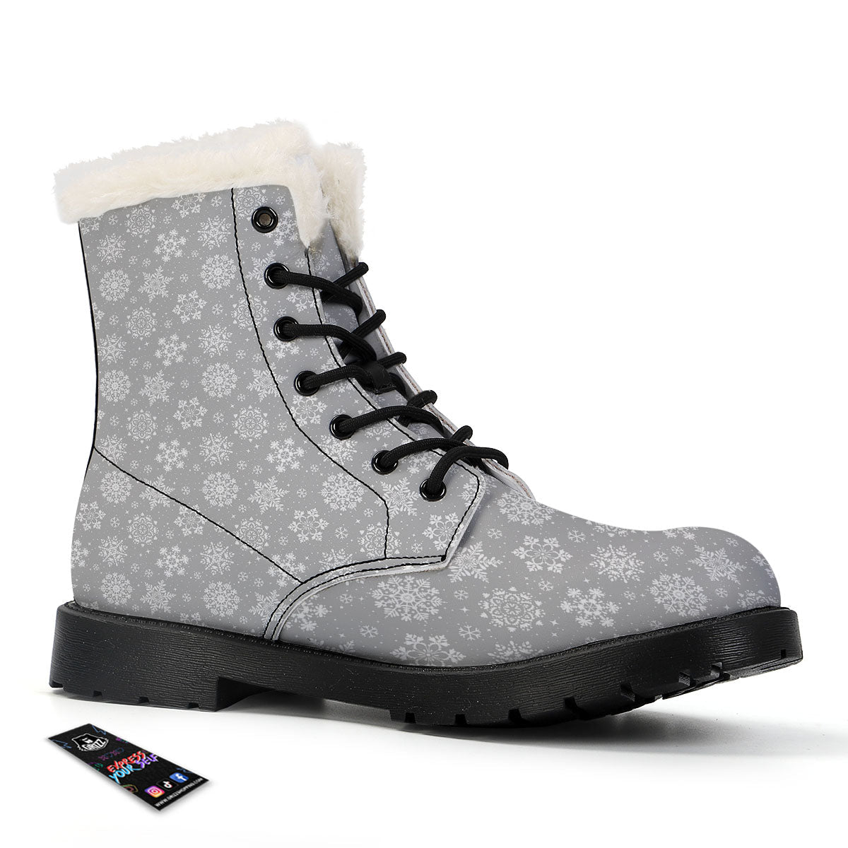 Snowflake Grey And White Print Pattern Winter Boots-grizzshop