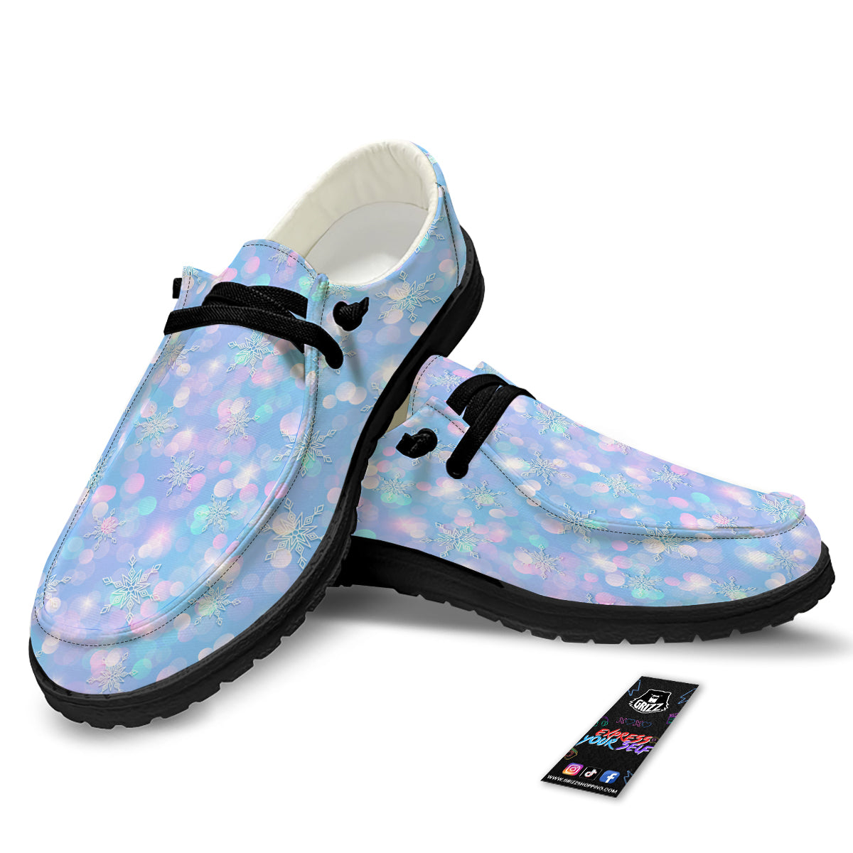 Snowflake Pastel Color Print Pattern Black Loafers-grizzshop
