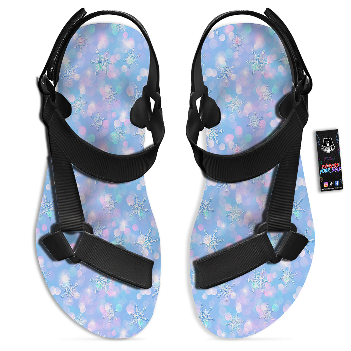 Snowflake Pastel Color Print Pattern Black Open Toe Sandals-grizzshop