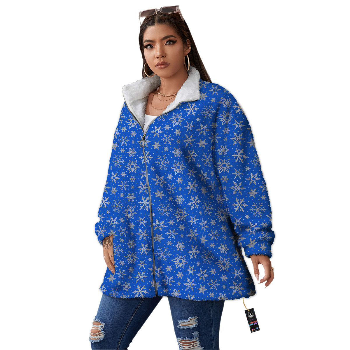 Snowflake Silver And Blue Print Pattern Women's Sherpa Jacket-grizzshop