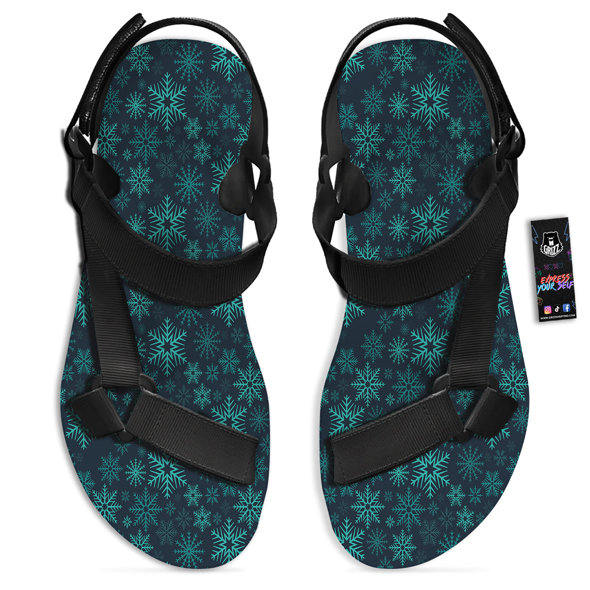 Snowflake Turquoise Print Pattern Black Open Toe Sandals-grizzshop