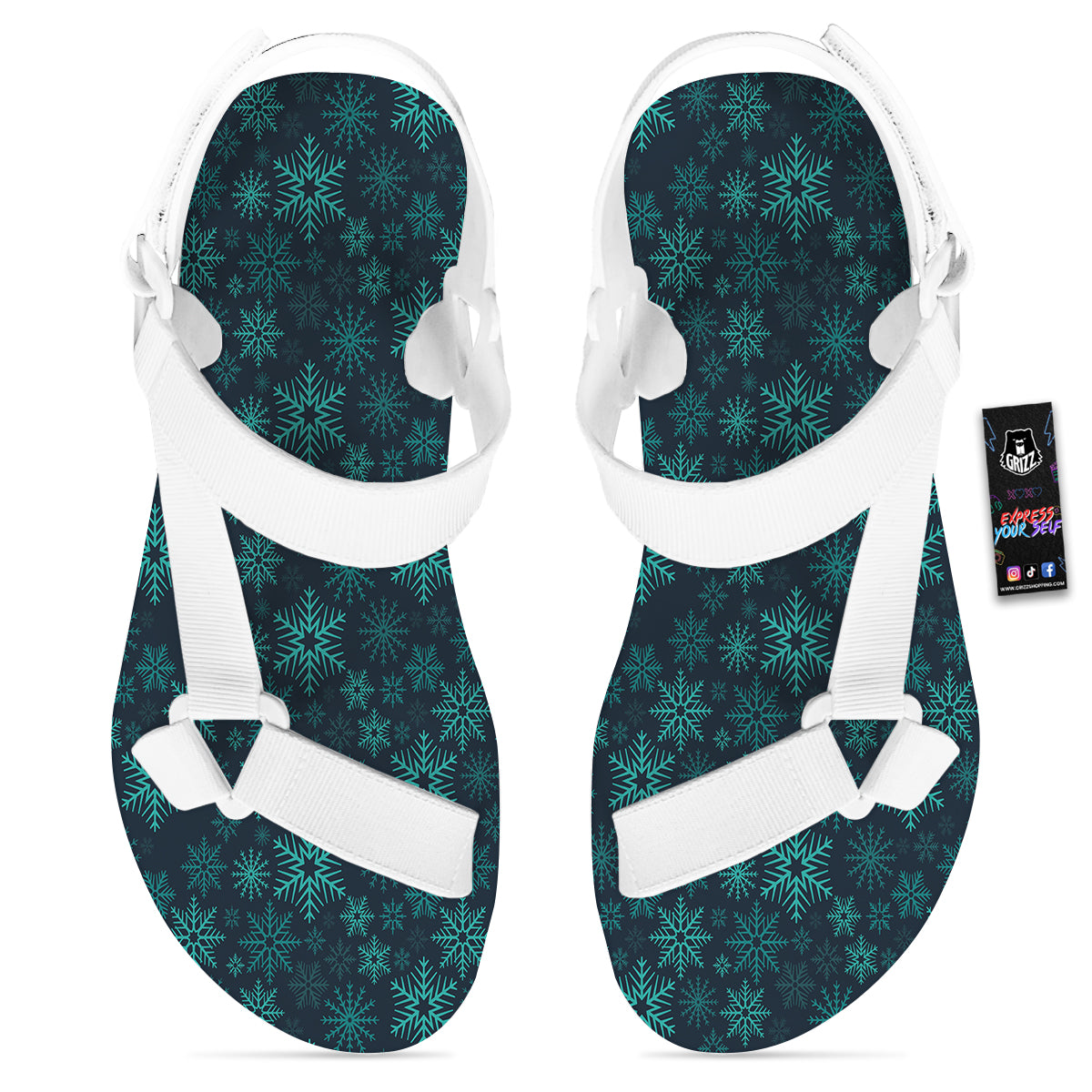 Snowflake Turquoise Print Pattern White Open Toe Sandals-grizzshop