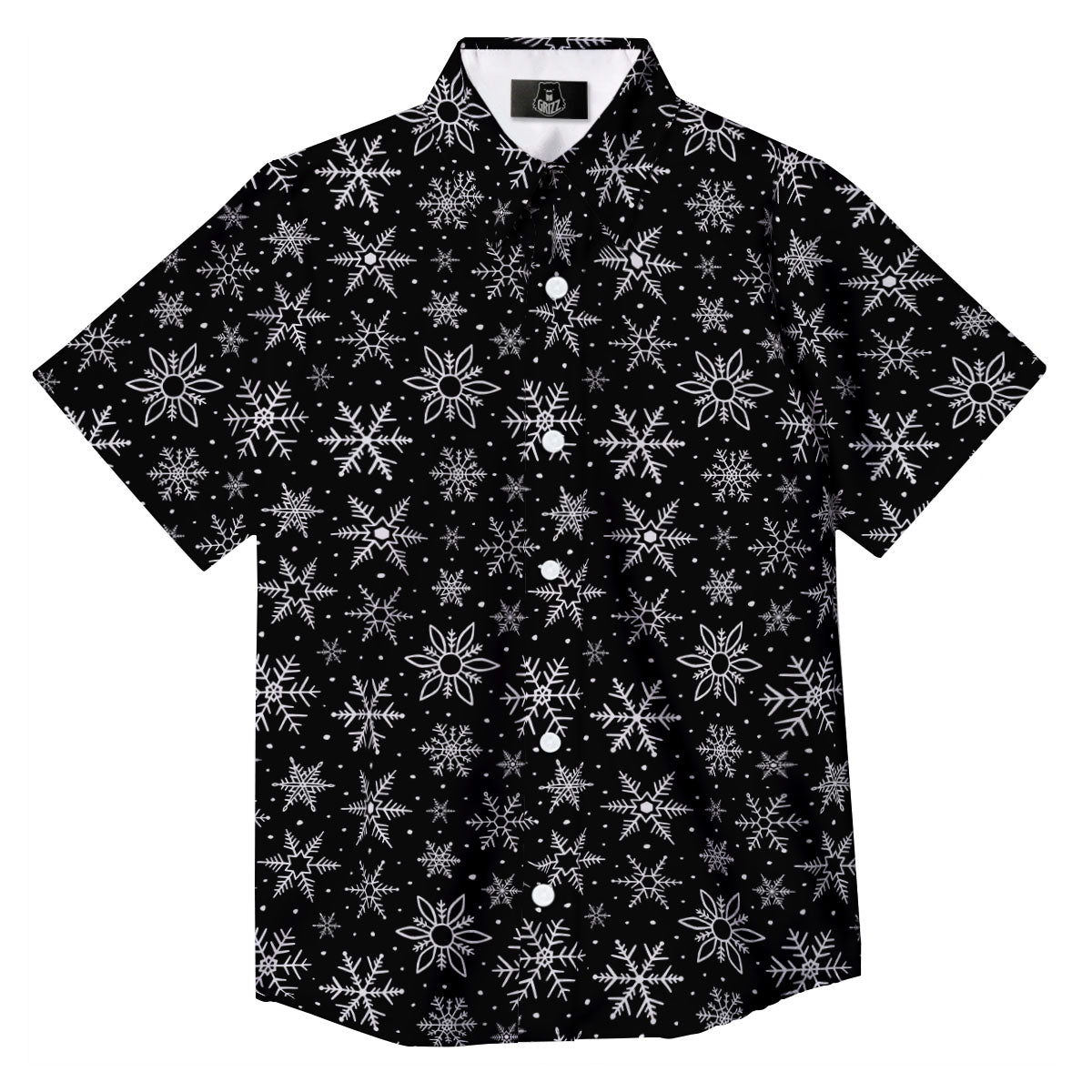 Snowflake White And Black Print Pattern Button Up Shirt-grizzshop