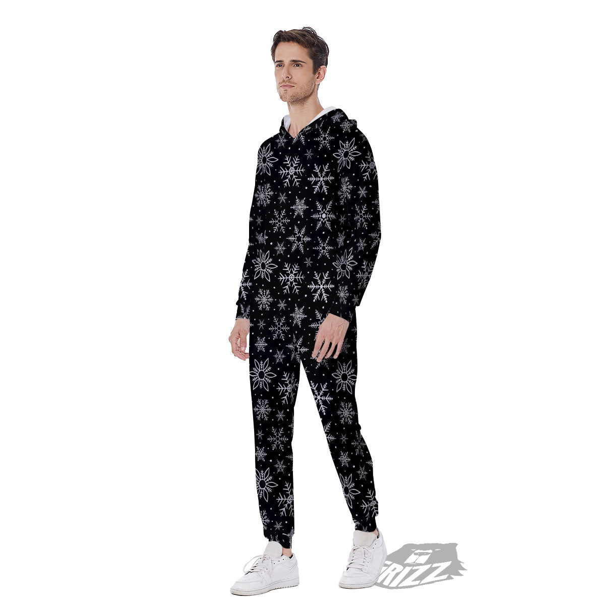 Snowflake White And Black Print Pattern Men's Jumpsuit-grizzshop