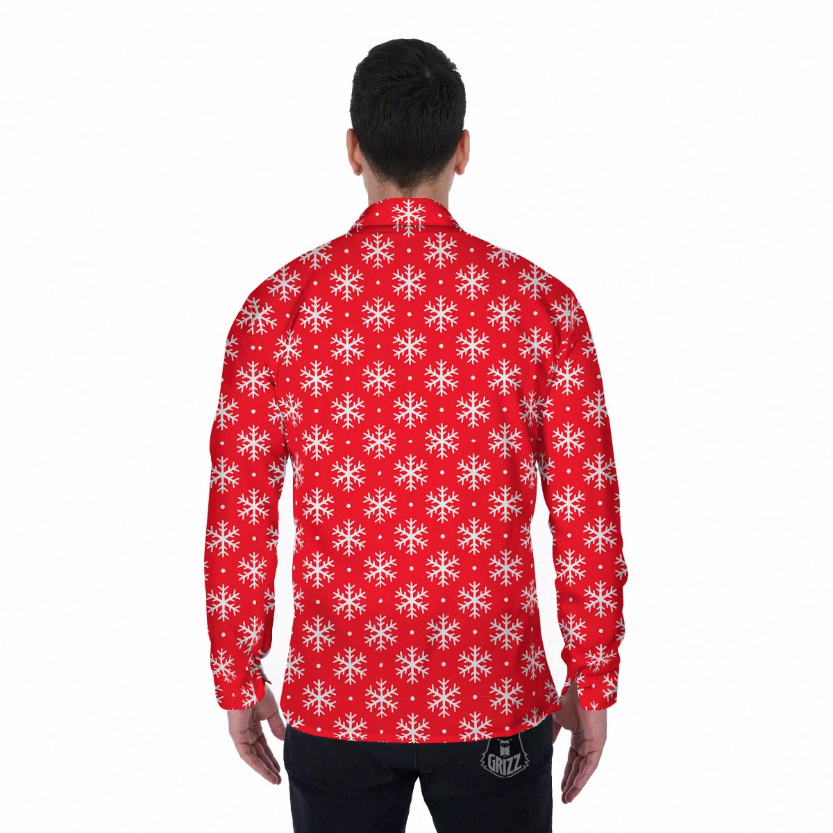 Snowflake White And Red Print Pattern Men's Long Sleeve Shirts-grizzshop