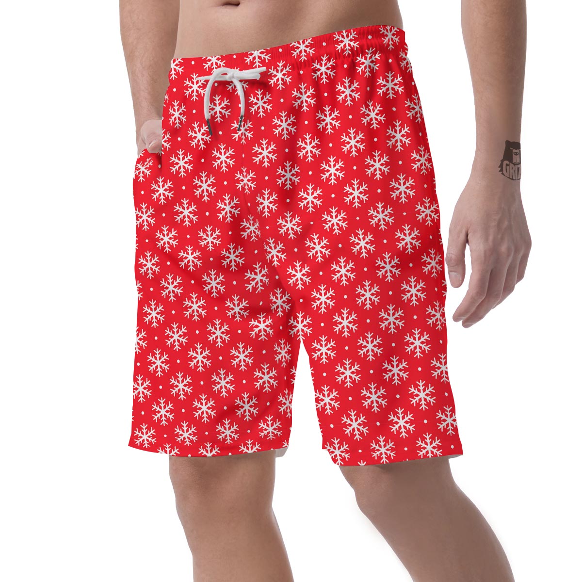 Snowflake White And Red Print Pattern Men's Shorts-grizzshop