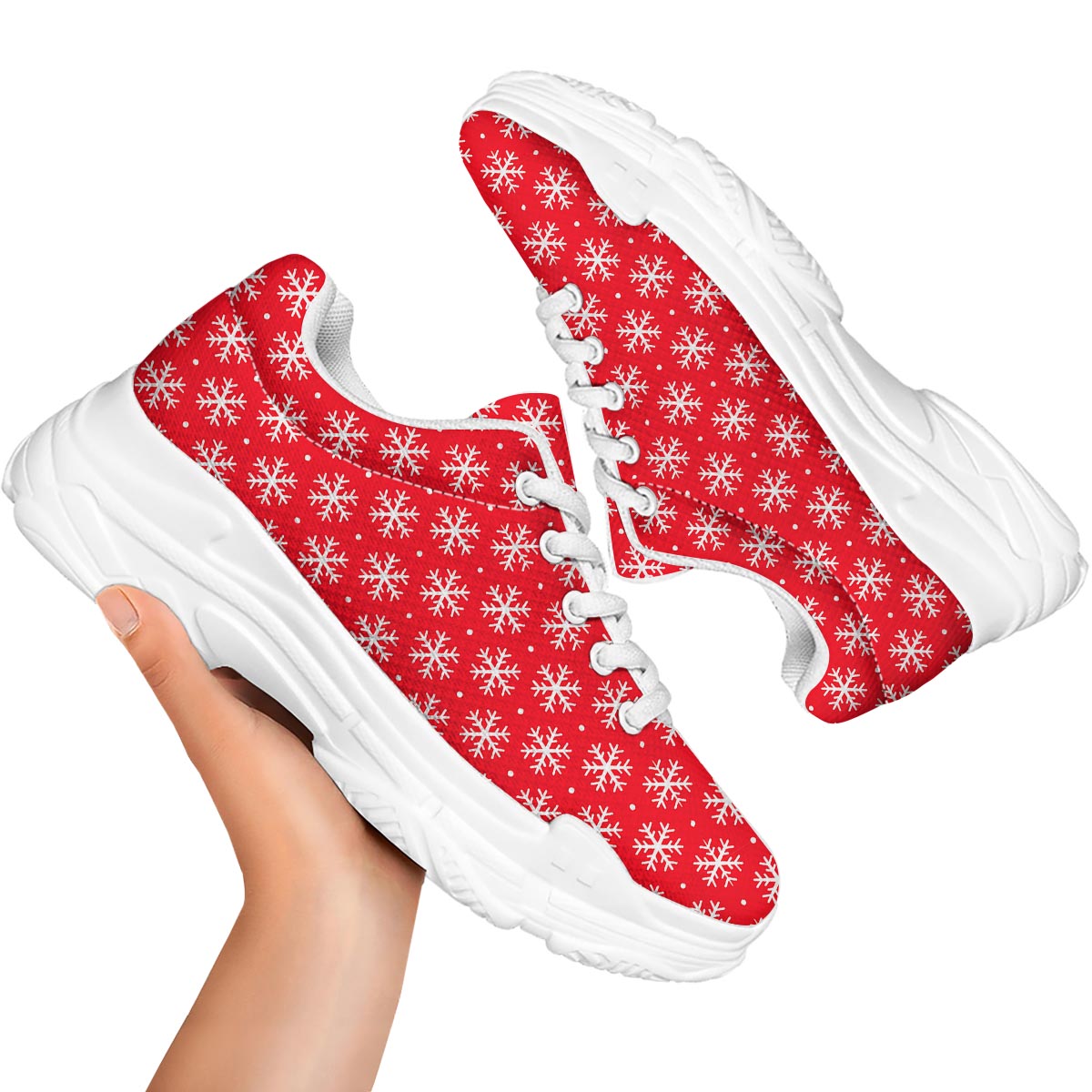 Snowflake White And Red Print Pattern White Chunky Shoes-grizzshop