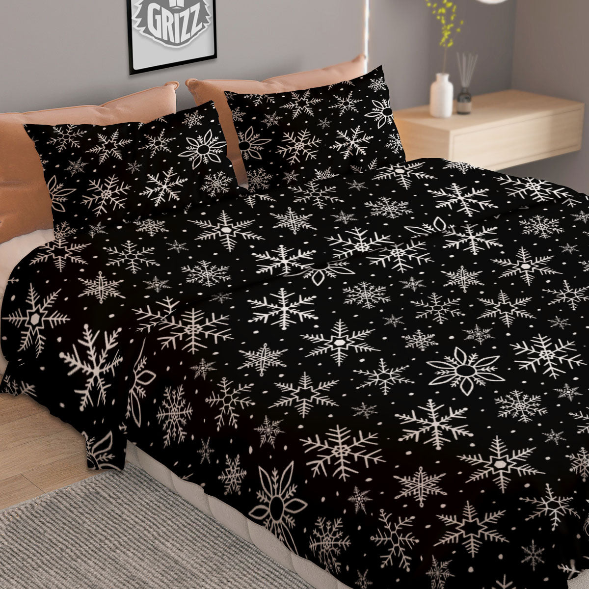 Snowflake White And Black Print Pattern Duvet Cover Bedding Set