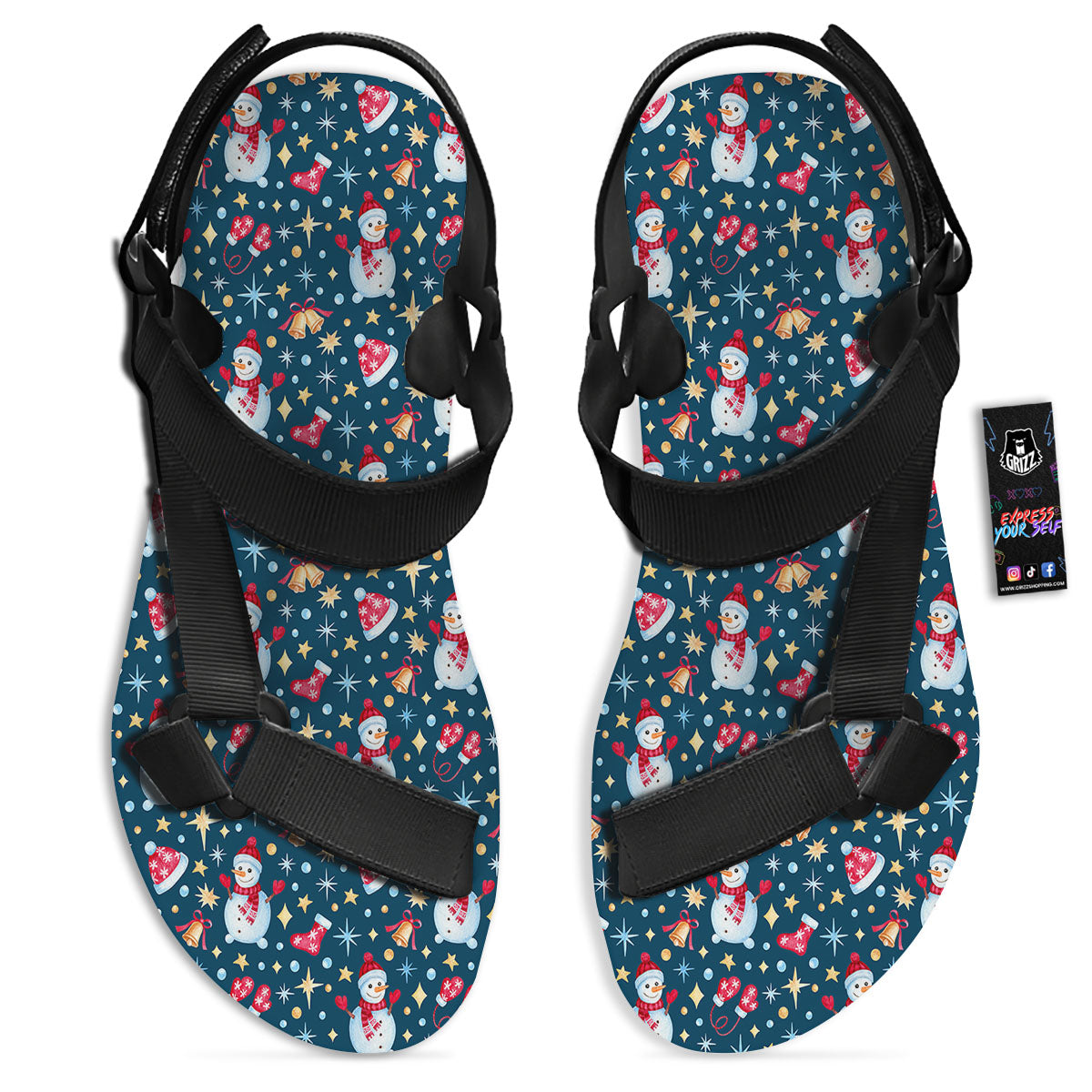 Snowman Christmas Print Pattern Black Open Toe Sandals-grizzshop