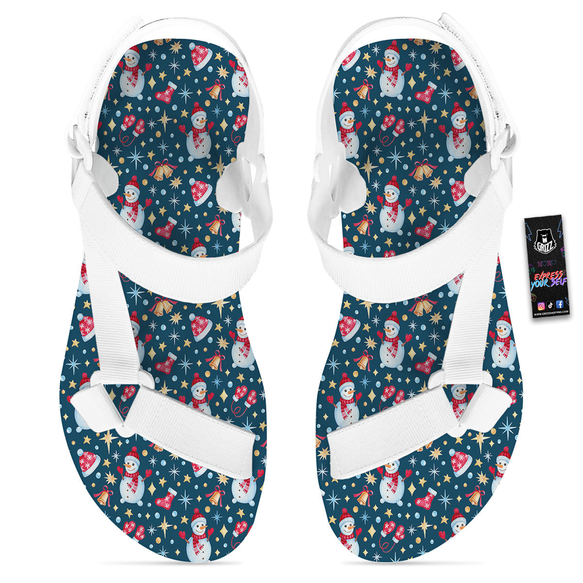 Snowman Christmas Print Pattern White Open Toe Sandals-grizzshop