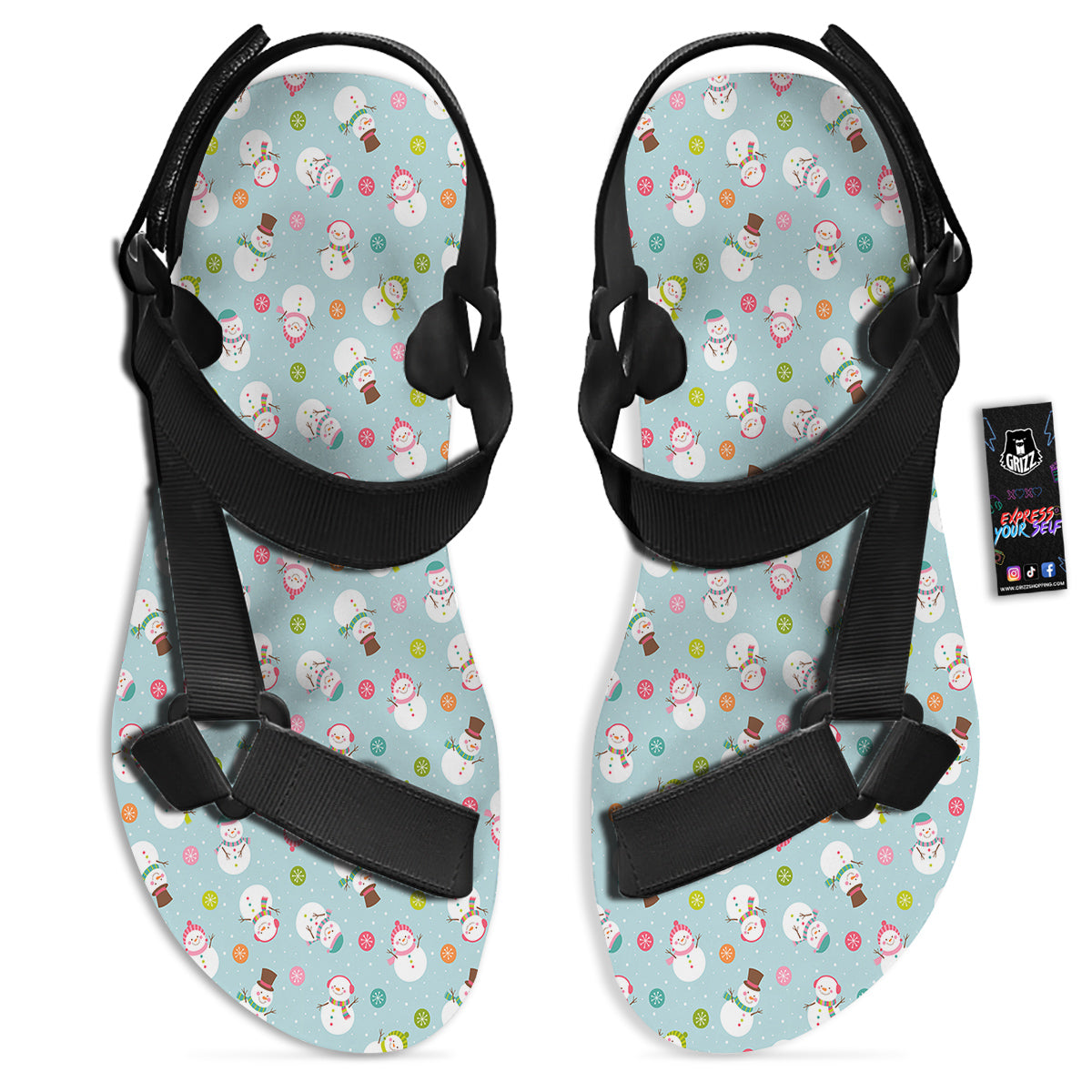 Snowman Cute Print Pattern Black Open Toe Sandals-grizzshop