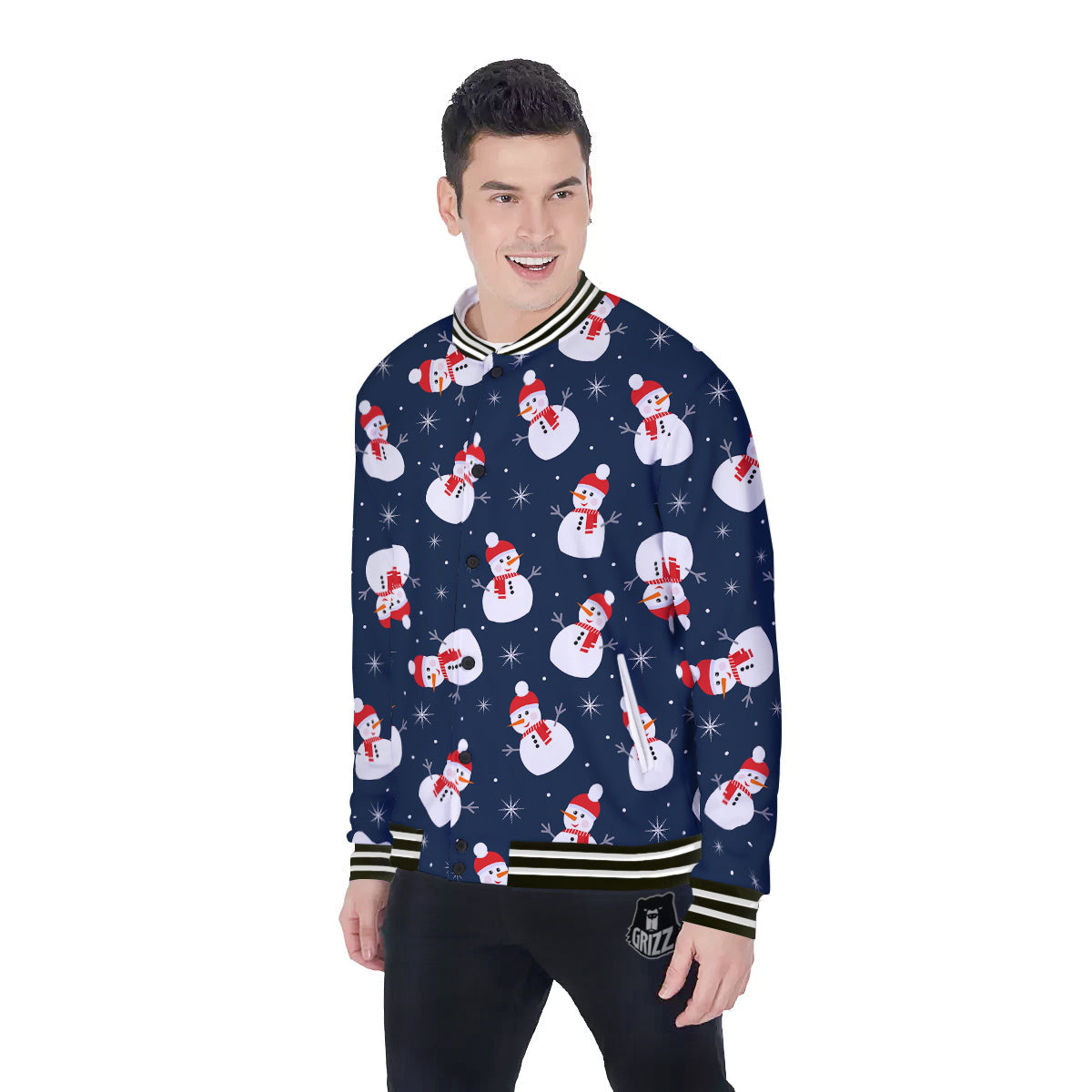 Snowman Print Pattern Baseball Jacket-grizzshop