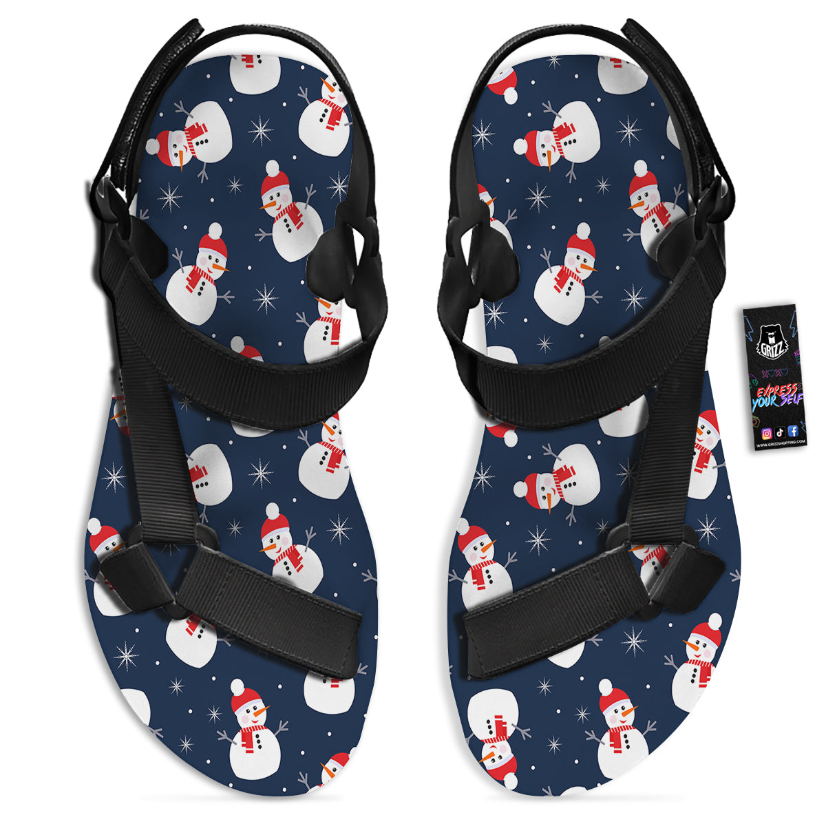 Snowman Print Pattern Black Open Toe Sandals-grizzshop