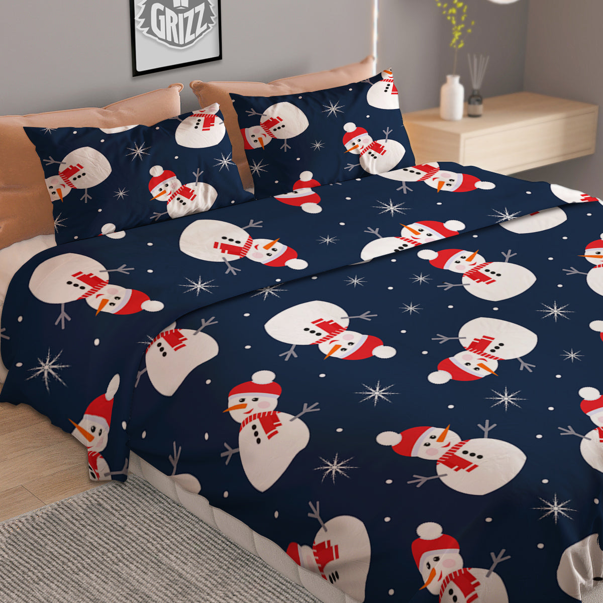 Snowman Print Pattern Duvet Cover Bedding Set