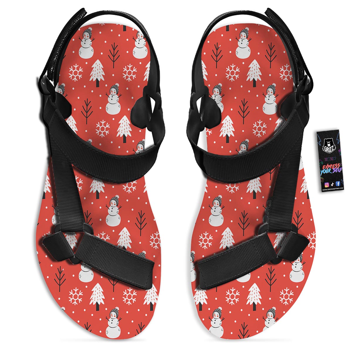 Snowman Red Print Pattern Black Open Toe Sandals-grizzshop