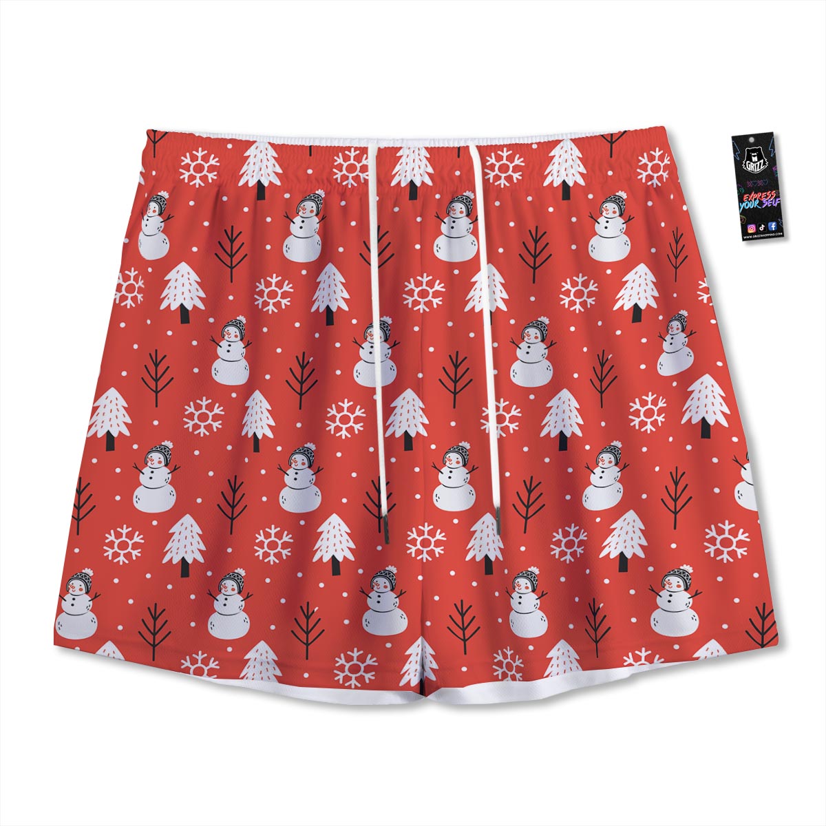 Snowman Red Print Pattern Mesh Shorts-grizzshop