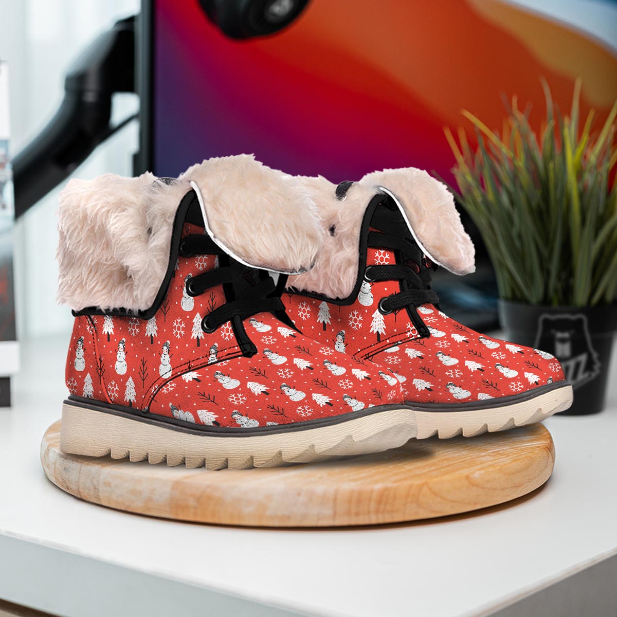 Snowman Red Print Pattern Snow Boots-grizzshop