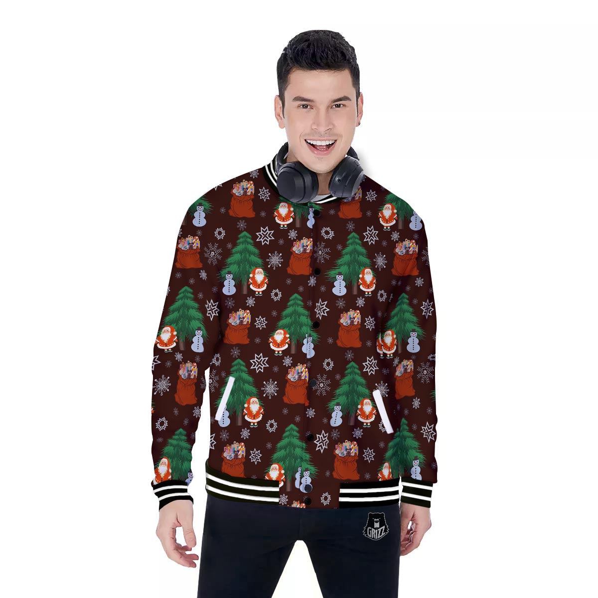 Snowman Santa Print Pattern Baseball Jacket-grizzshop