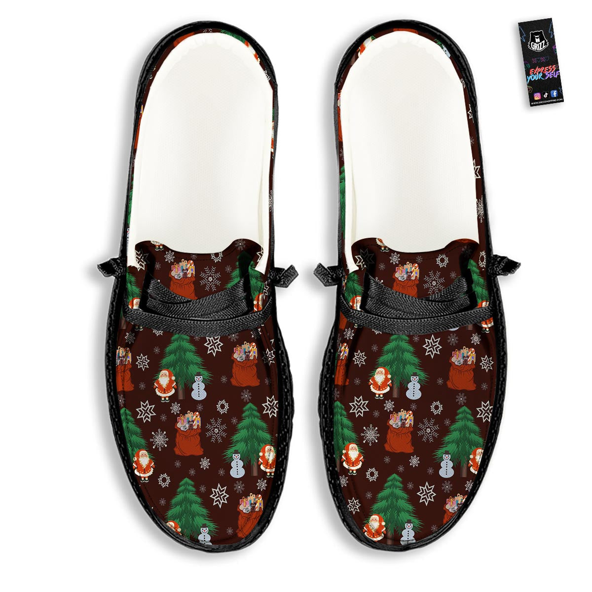 Snowman Santa Print Pattern Black Loafers-grizzshop