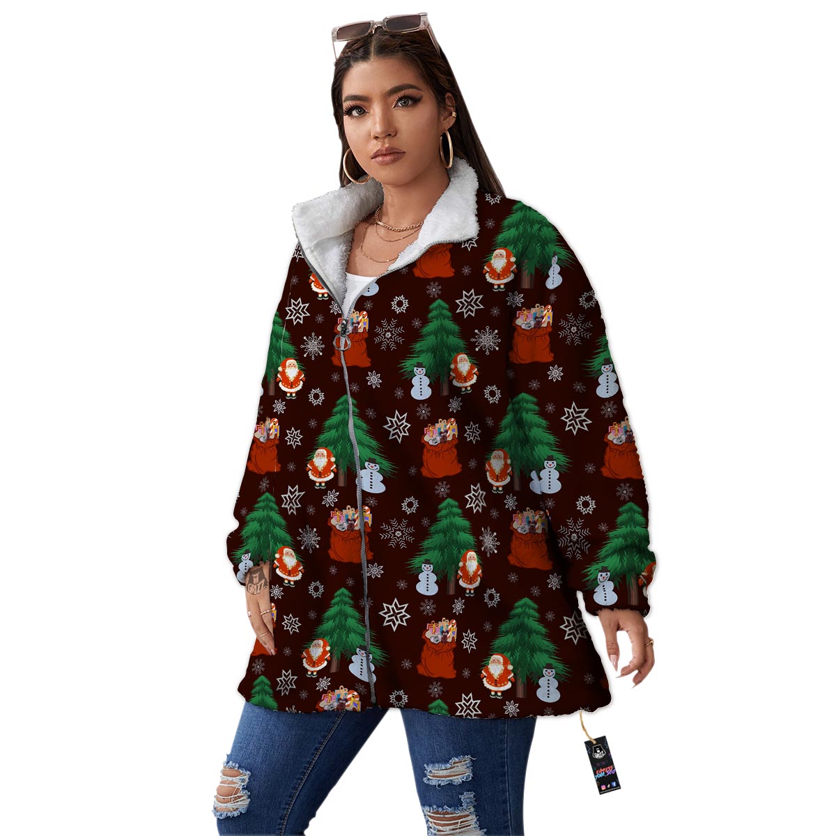 Snowman Santa Print Pattern Women's Sherpa Jacket-grizzshop