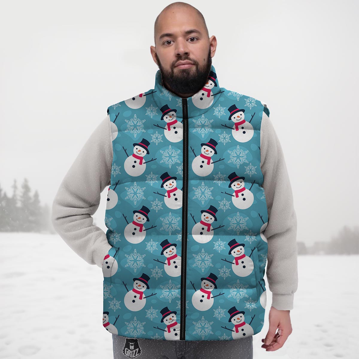 Snowman Teal Print Pattern Down Vest-grizzshop