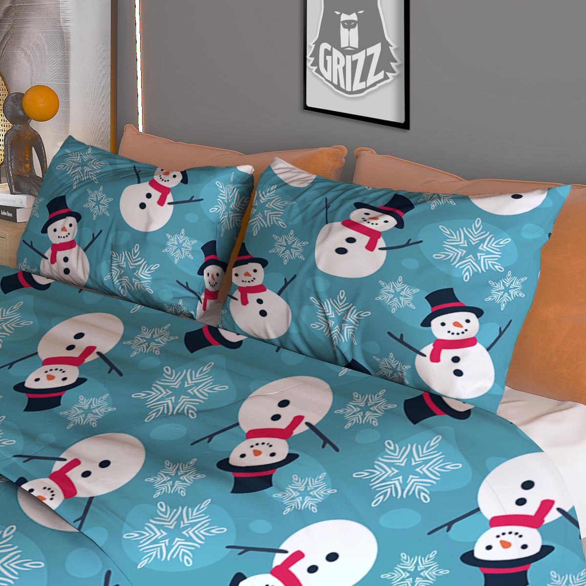 Snowman Teal Print Pattern Duvet Cover Bedding Set