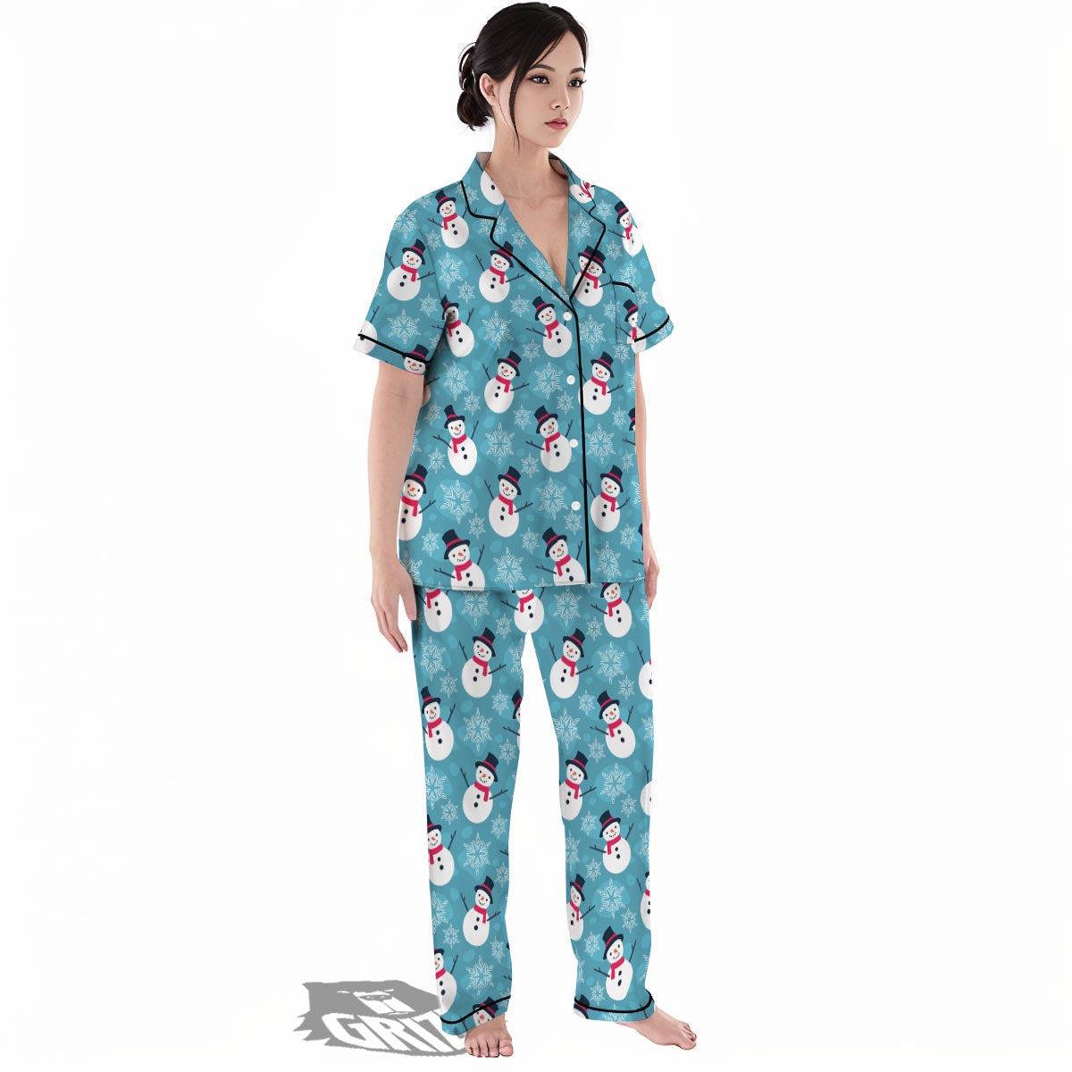 Snowman Teal Print Pattern Women's Pajamas Set-grizzshop