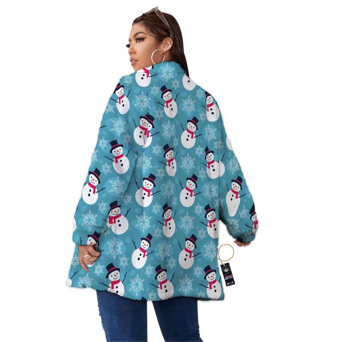 Snowman Teal Print Pattern Women's Sherpa Jacket-grizzshop