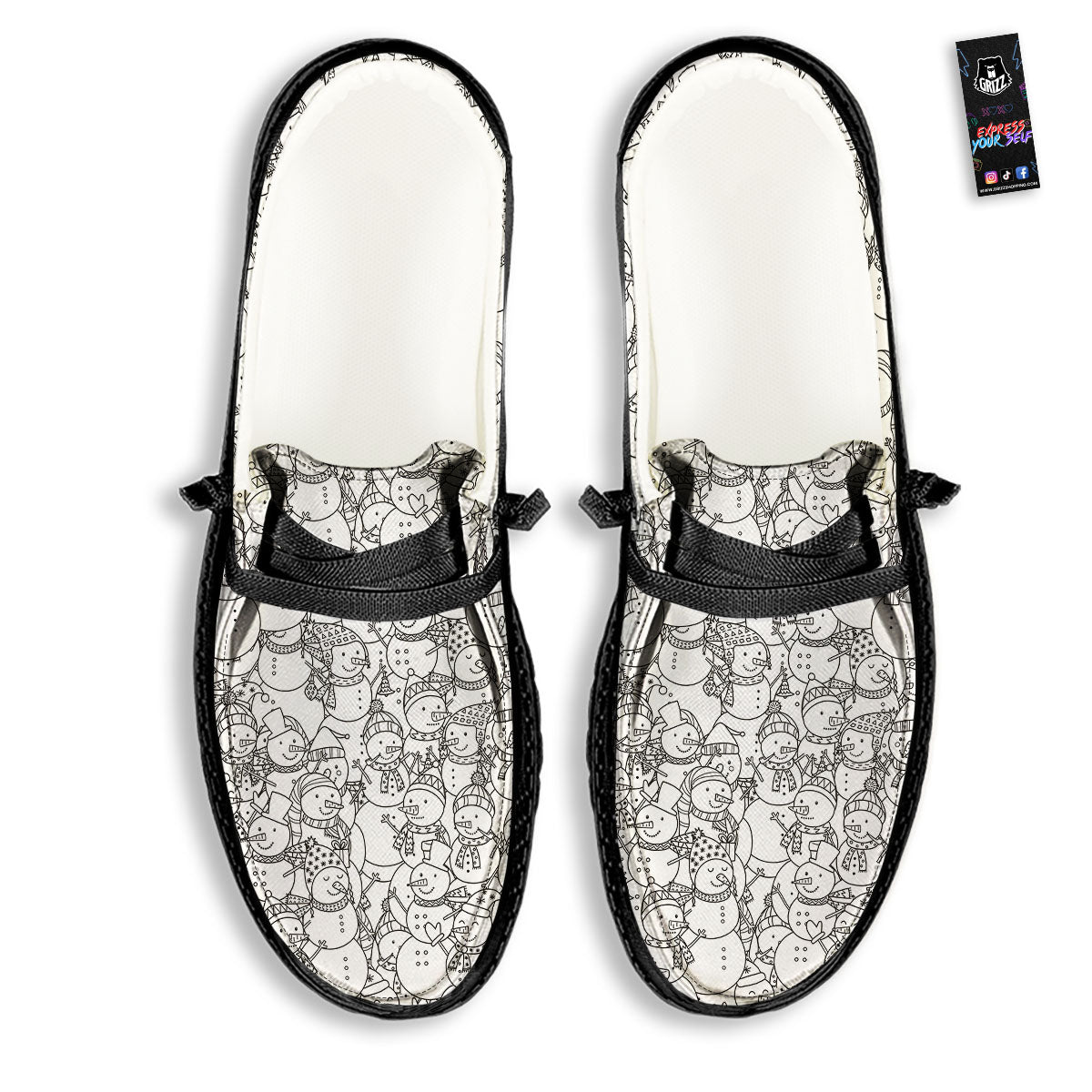 Snowman White And Black Print Pattern Black Loafers-grizzshop