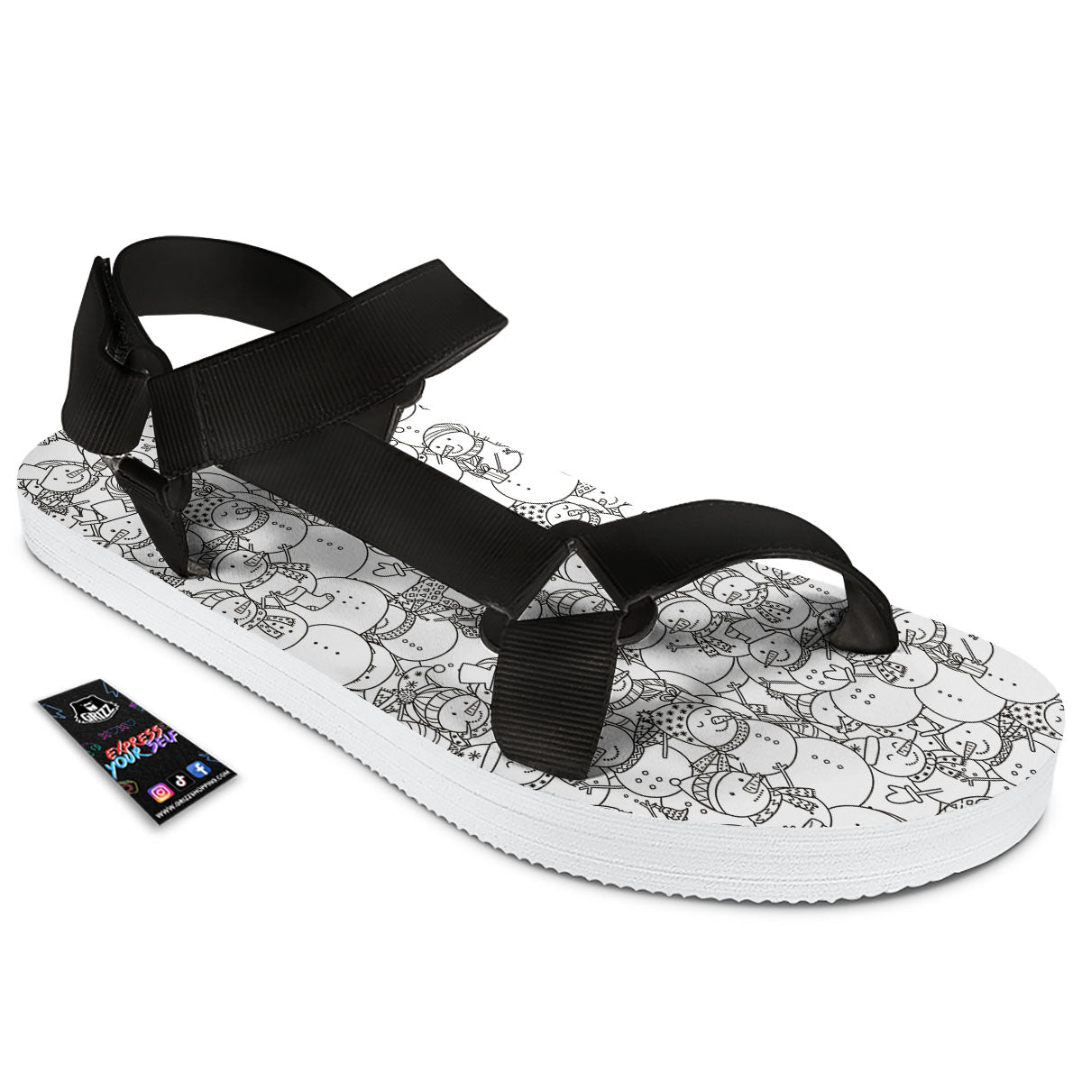 Snowman White And Black Print Pattern Black Open Toe Sandals-grizzshop