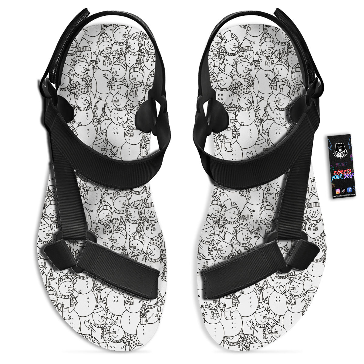 Snowman White And Black Print Pattern Black Open Toe Sandals-grizzshop